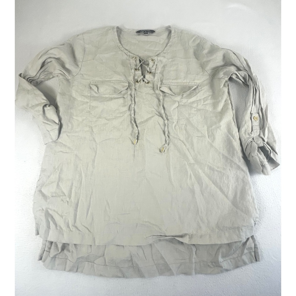 Company Ellen Tracy Tunic Women L Sandstone Coastal Grandma Linen Lace Up Top